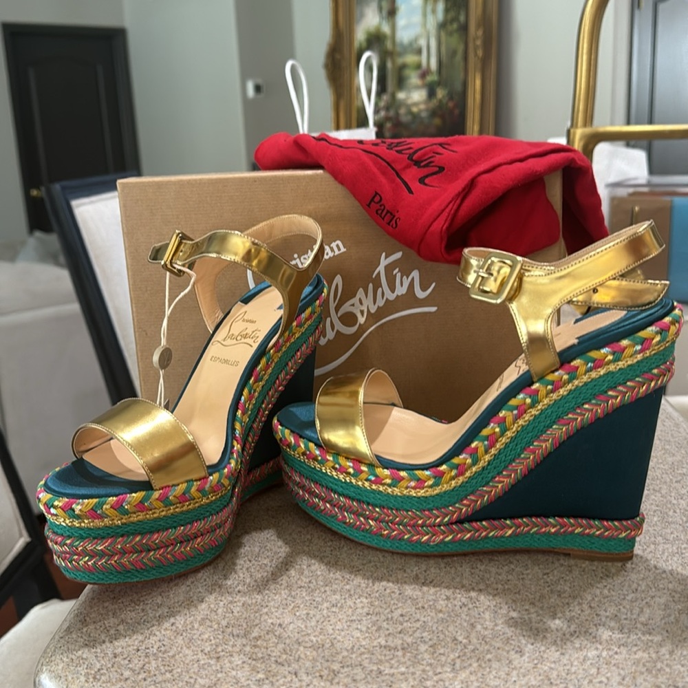 Christian Louboutin Gold Leather New Duplice Ankle Strap Wedges Size 36.5